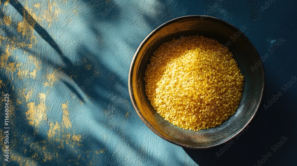 Poster golden rice in a rustic bowl on a textured blue table with soft shadows creating an inviting and vib