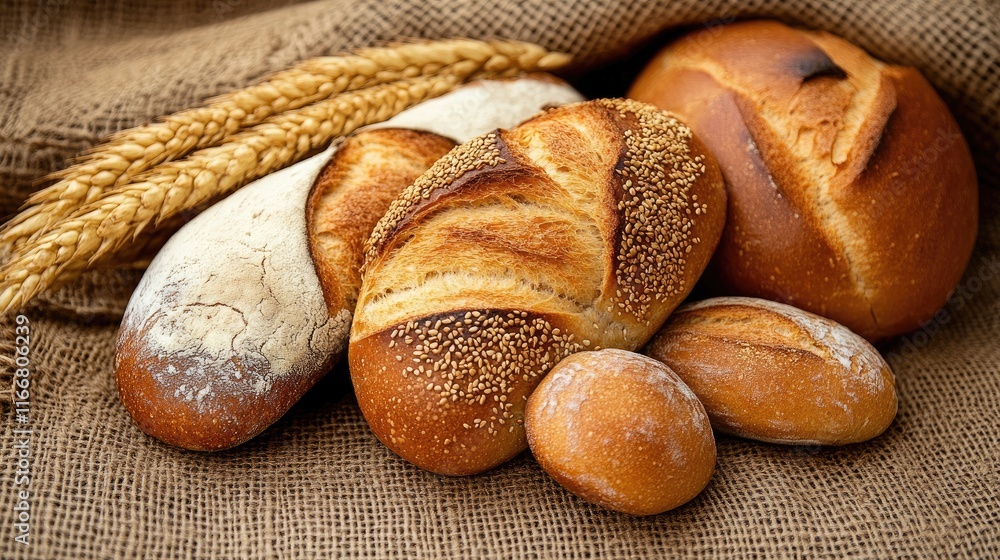 Poster artisan breads displayed on a rustic linen with wheat ears in a traditional bakery setting