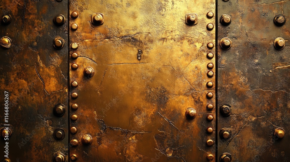 Poster metallic gold texture with rivets creating an antique background suitable for design and art project