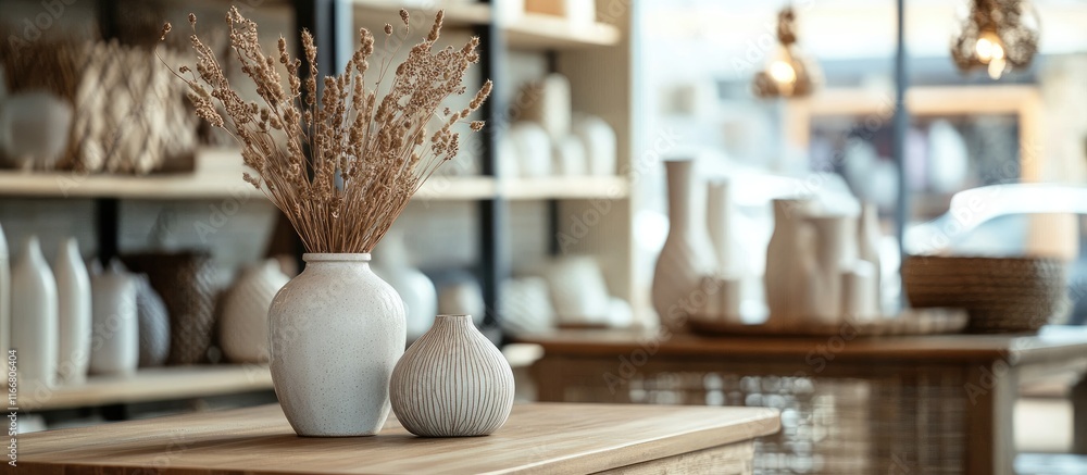 Poster elegant interior with vases and decorative objects on wooden table creating a warm and inviting atmo