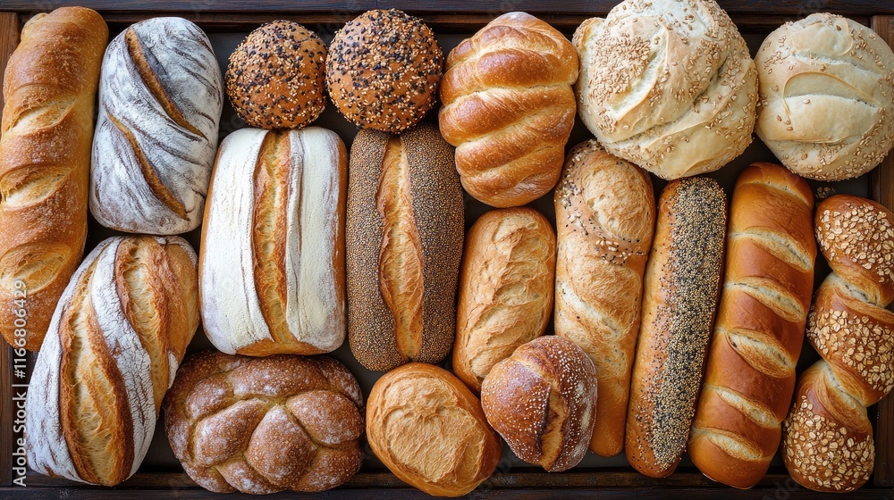 Poster assorted artisan breads and pastries beautifully arranged on display in a rustic bakery setting