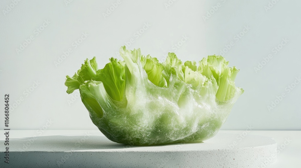 Poster fresh crisp lettuce on a minimalist display highlighting texture and color against a clean white bac