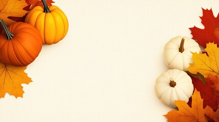 Vibrant Autumn Scene with Colorful Pumpkins and Bright Fall Leaves on Neutral Background