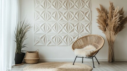 Minimalist living space featuring geometric wall panel cozy fluffy chair and stylish rugs for boho home decor inspiration