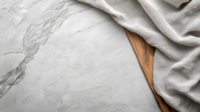 Gray marble tabletop with linen cloth and wood texture background perfect for stylish product display and photography shoots