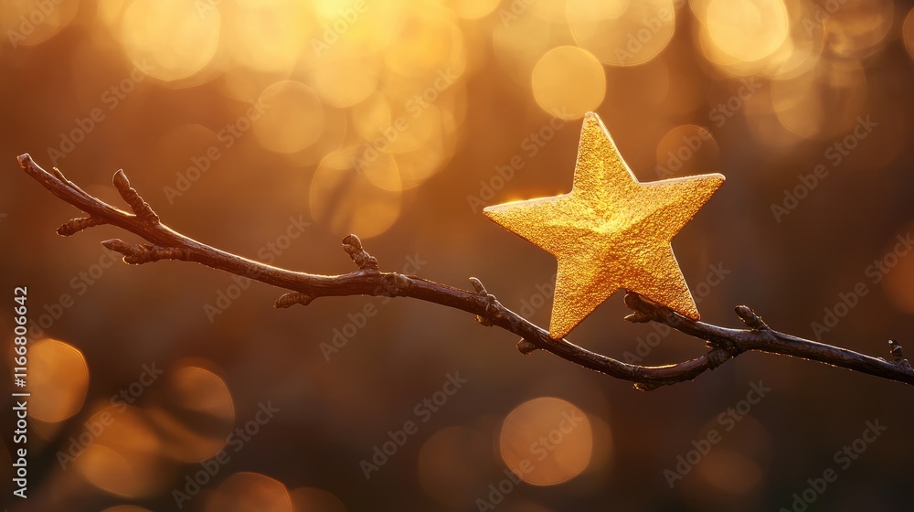 Aufkleber golden star decoration on a bare branch with a warm bokeh background creating a festive and enchanti