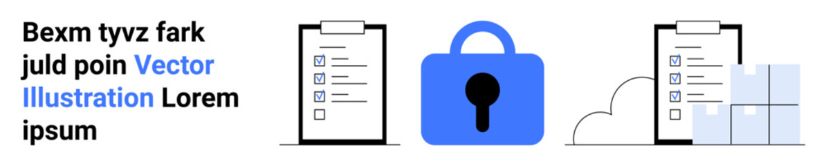 Lock icon symbolizing security, flanked by checklists and cloud elements. Ideal for data privacy, information security, online protection, cloud services, compliance, cybersecurity education. Banner