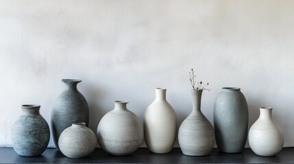 Set of contemporary gray and white hand-thrown ceramic vases displayed on a black surface against a minimalist white wall backdrop