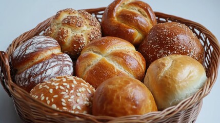 Assorted Freshly Baked Buns and Bread Rolls Arranged in Wicker Basket for Culinary Display and Bakery Promotion