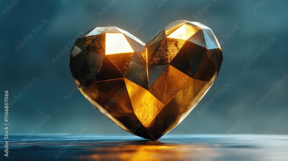 Poster golden geometric heart sculpture with a shiny metallic finish reflecting light in a soft atmospheric