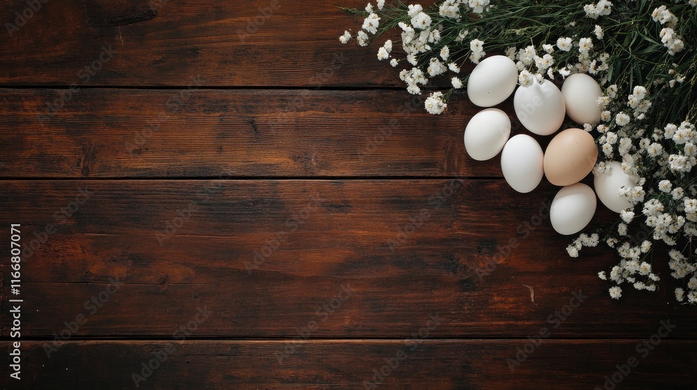 Poster fresh farm chicken eggs arranged on rustic wooden background with delicate flowers in a top view com