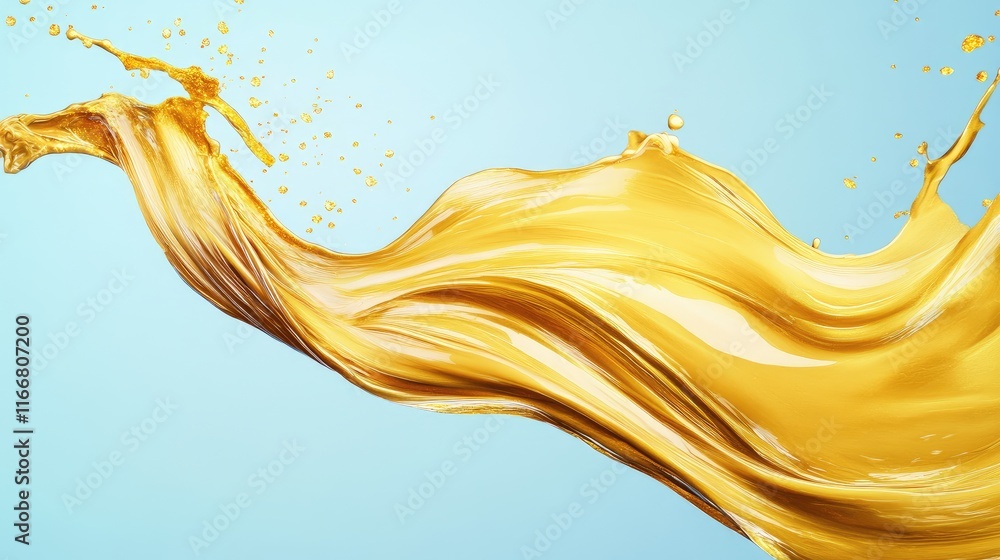 Poster golden liquid flowing dynamically on a soft blue background symbolizing luxury and prosperity with a
