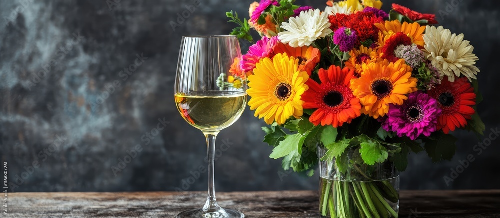 Poster white wine glass next to a colorful flower bouquet on a rustic table creating a serene and inviting 