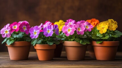 Fototapeta premium Vibrant primula flowers in terracotta pots arranged on a rustic wooden surface showcasing a colorful spring garden theme.