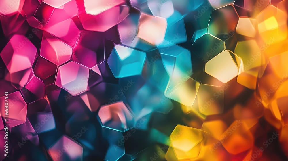 Poster vibrant colorful geometric background with neon effect and blurred hexagonal shapes