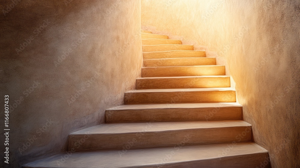 Poster geometric staircase illuminated by warm sunlight creating a serene and inviting atmosphere in a mini