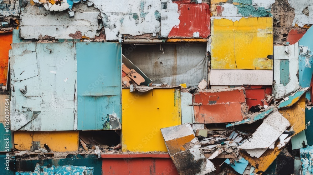 Poster urban abstract art composition of colorful fragmented wall with geometric patterns and textures