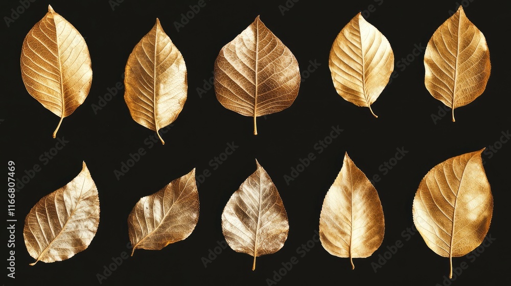 Poster golden leaf skeletons arranged artistically on a dark background showcasing intricate textures and r