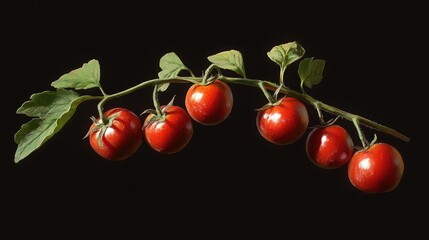 Vibrant ripe cherry tomatoes with lush green leaves on vine against a dark background ideal for culinary and gardening themes