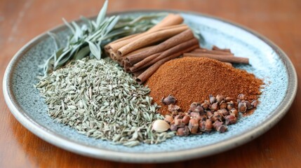 Assorted flavoring spices and herbs beautifully arranged on a decorative plate showcasing culinary diversity and natural ingredients.