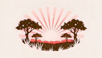 Stylized illustration of esoteric light rays radiating from a sunrise between silhouetted trees, The concept of tranquility, balance, nature

