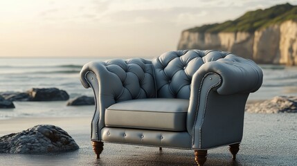 Elegant Gray Leather Armchair on Beachfront with Scenic Cliffs at Sunset for Luxury Interior Design Inspiration