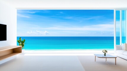 Fototapeta premium Modern interior with ocean view and minimalist design.