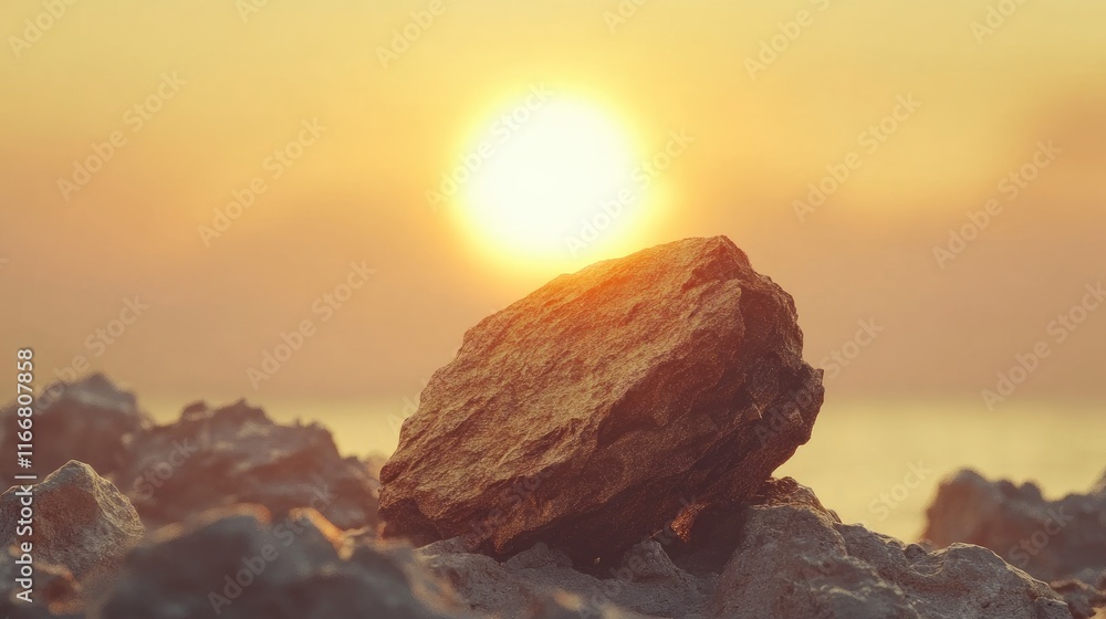 Aufkleber golden sunset illuminating ocean waves with a focus on a textured rock in the foreground creating a 