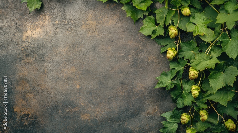 Poster golden hop vine with lush green leaves framing a textured background creating space for text or desi
