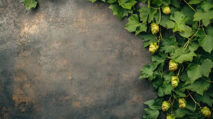 Golden hop vine with lush green leaves framing a textured background creating space for text or design elements