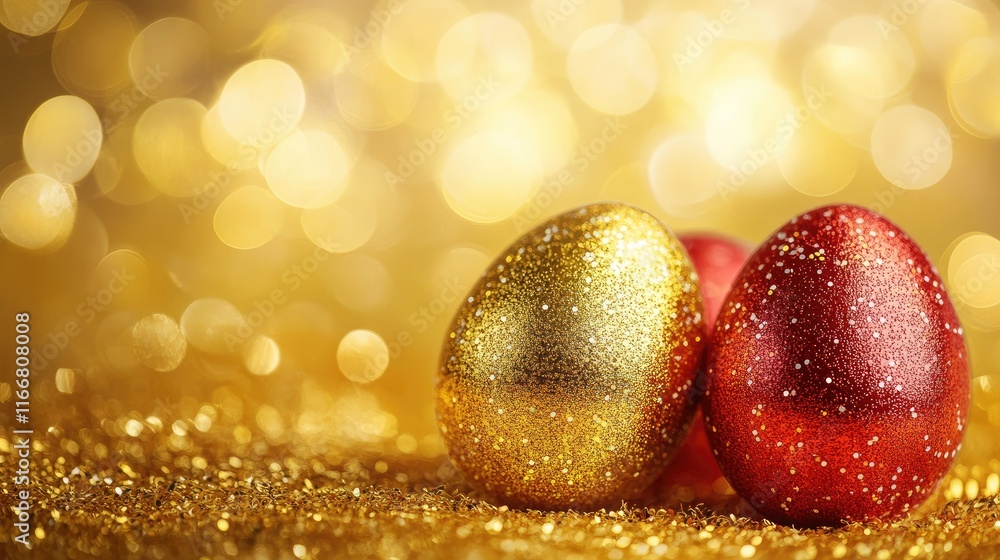 Poster glittering golden and red easter eggs on a sparkling golden background with ample copy space for fes