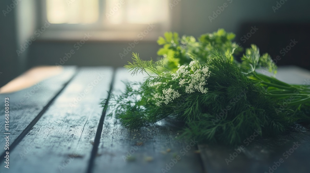 Poster freshly harvested dill and parsley resting on a rustic wooden table with soft natural lighting and a