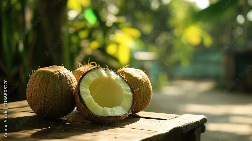 Poster fresh coconuts with one cut open on a rustic wooden table surrounded by tropical greenery in a soft 