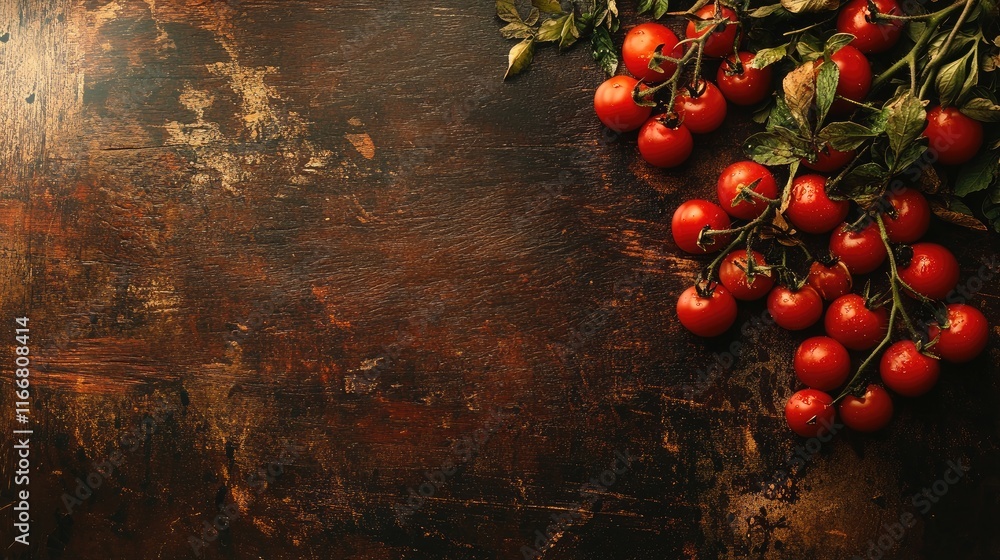Poster ripe cherry tomatoes arranged on a rustic wooden table creating a vibrant and inviting culinary back