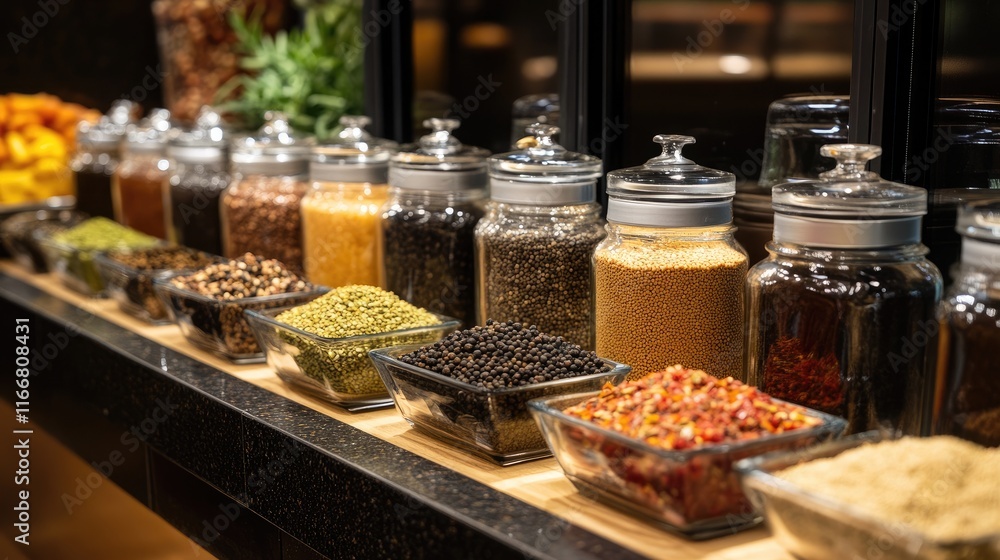 Poster Seasoning Station Displaying a Colorful Array of Peppercorns and Spices in Glass Containers for Culinary Enthusiasts