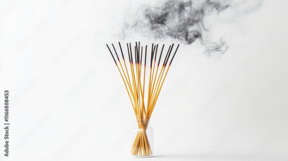 Poster aromatic incense sticks with gentle smoke rising creating a calming and peaceful ambiance on a clean