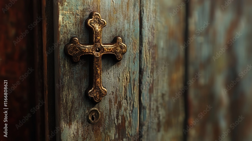 Poster rustic wooden door with an abstract blurred background featuring an ornate brass cross knocker and a