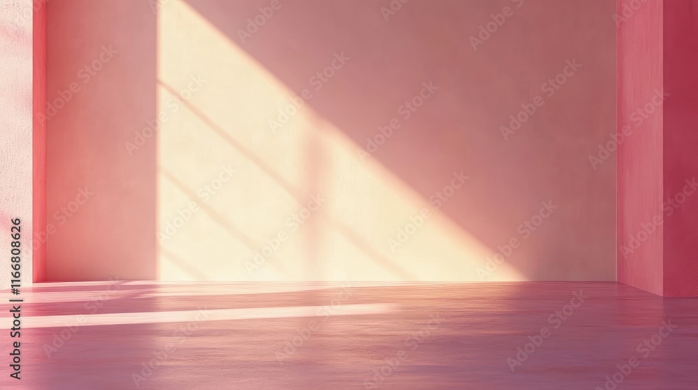 Poster geometric empty space with soft pink wall and sunset reflections creating a warm tranquil atmosphere