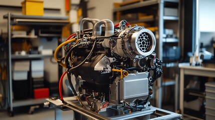 A cutting-edge experimental engine mounted in a prototype vehicle for testing.