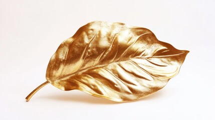 Golden decorative leaf isolated on white background showcasing intricate details and shimmering finish for elegant design projects