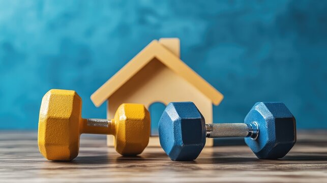 Home fitness setup featuring colorful dumbbells beside a wooden house model representing exercise and wellness at home