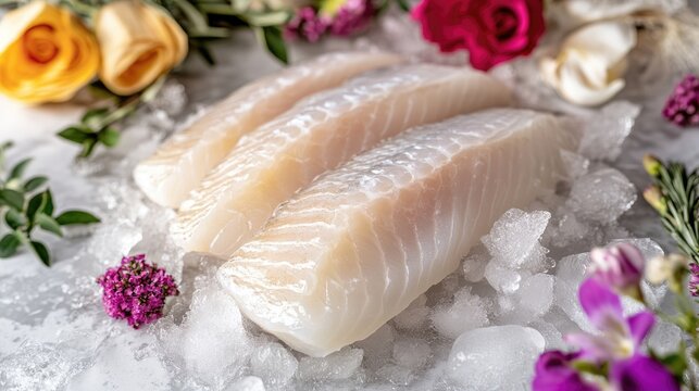 Fresh Dorade Sea Bream Fillets on Ice Surrounded by Colorful Flowers in a Market Setting Close Up