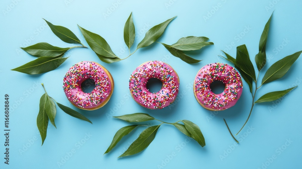 Poster three colorful pink donuts with sprinkles surrounded by green leaves on a blue background creating a