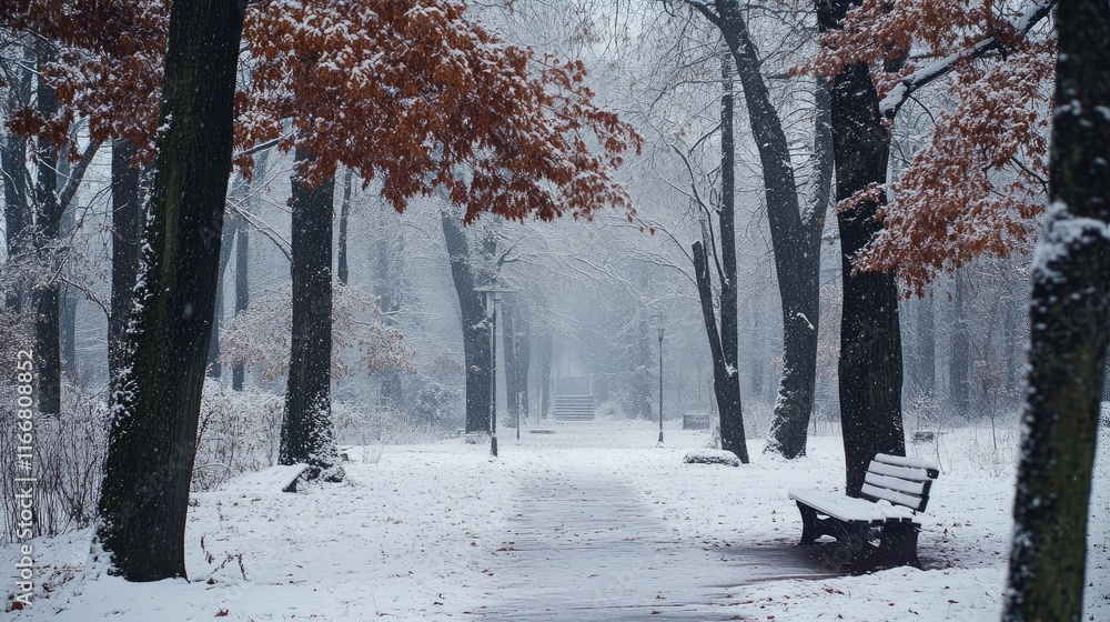 Poster Winter wonderland park with snowy pathway surrounded by trees and bench creating a serene and tranquil atmosphere for peaceful walks