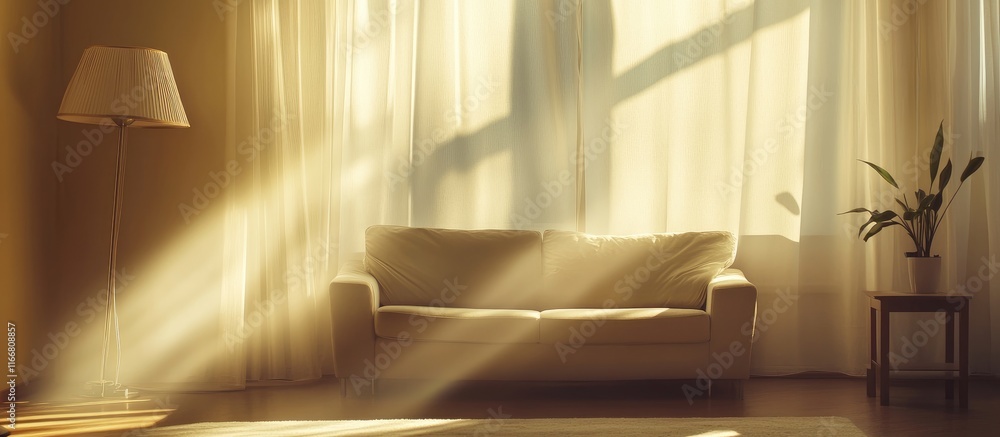 Poster modern living room with stylish sofa bathed in sunlight elegant curtains creating a fresh and inviti