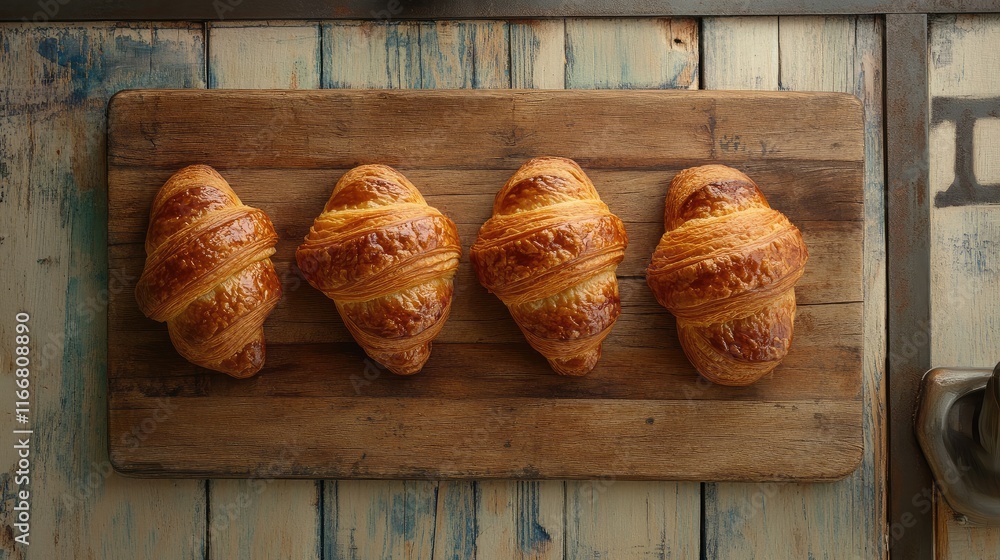 Poster golden croissants arranged on a rustic wooden board with a blurred background creating a warm and in
