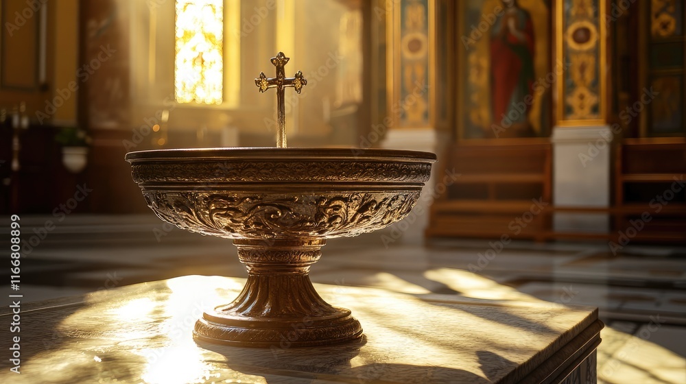 Poster intricate holy water font on altar with backlit sunlight creating a serene atmosphere in a church in