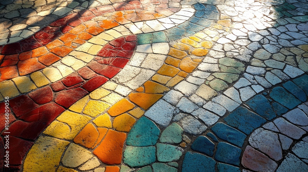 Poster vibrant abstract pavement design featuring colorful wavy patterns and textured stones in sunlight