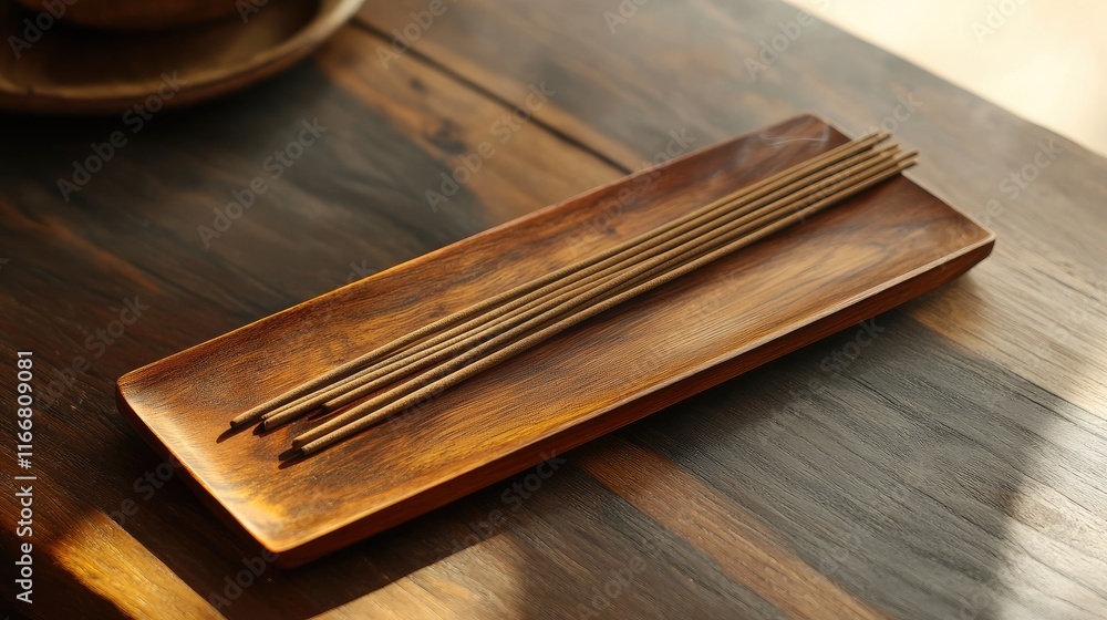 Poster Incense sticks arranged neatly on wooden tray creating a serene atmosphere for worship and meditation in a soft natural light setting