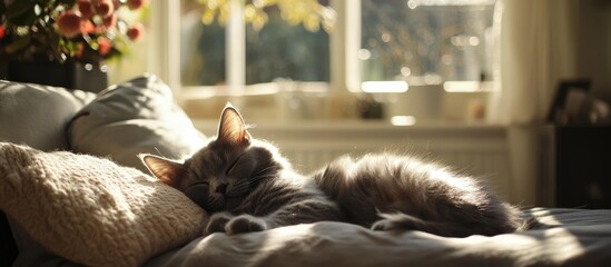 Cozy gray cat napping in sunlit room creating warm, inviting atmosphere perfect for peaceful pet moments and home relaxation